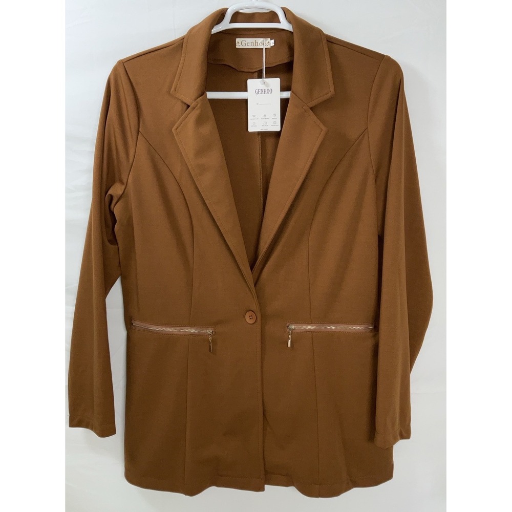 NWT Women's Genhoo Single Button Lapel Collar Stretch‎ Blazer Jacket Brown XL